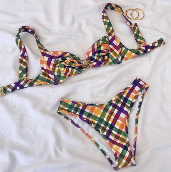 Two Piece Adjustable Strap Colorful Plaid Swimwear