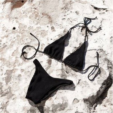 Halter Swimwear Women Seersucker Fabric Bikini Set