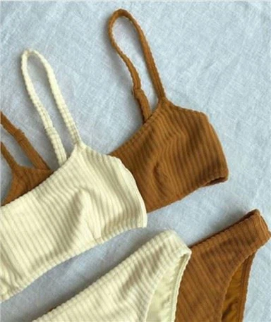 High Waist Adjustable Strap Bikini Set Rib Fabric Swimsuit