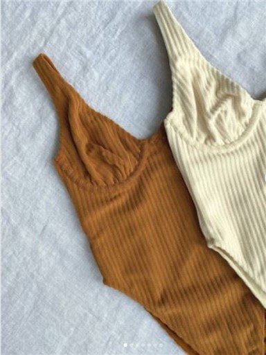 One Piece Adjustable Strap Rib Fabric Swimsuit