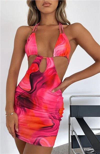 One Piece Halter Swimwear Tie Dye Swimsuit