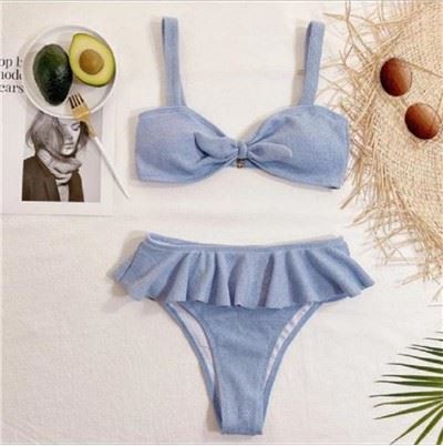 Rib Sky Blue Printed Bikini Ruffled Bikini Sky Blue Swimwear