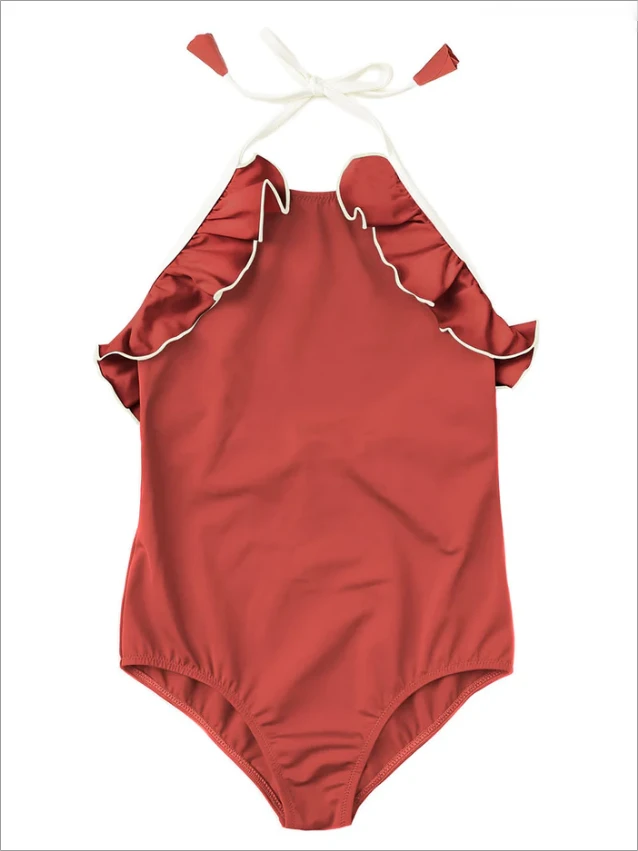 Kids Halter One Piece Ruffles Girls Swimsuits