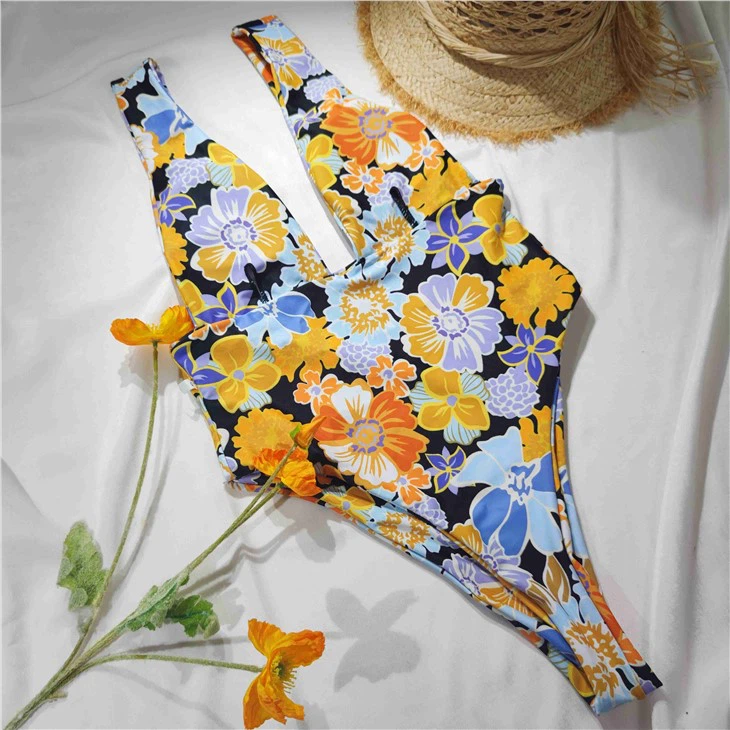 New Plunge Deep V Neck Floral One Piece Swimsuit