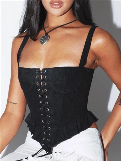 Black Lace Up Front Ruffle Corset Top