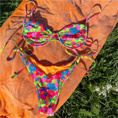 Printed Bikini Soild Tie Side Bikini Swimwear