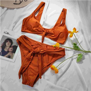 Shiny Nylon Self-tie Front Bow Swimwear